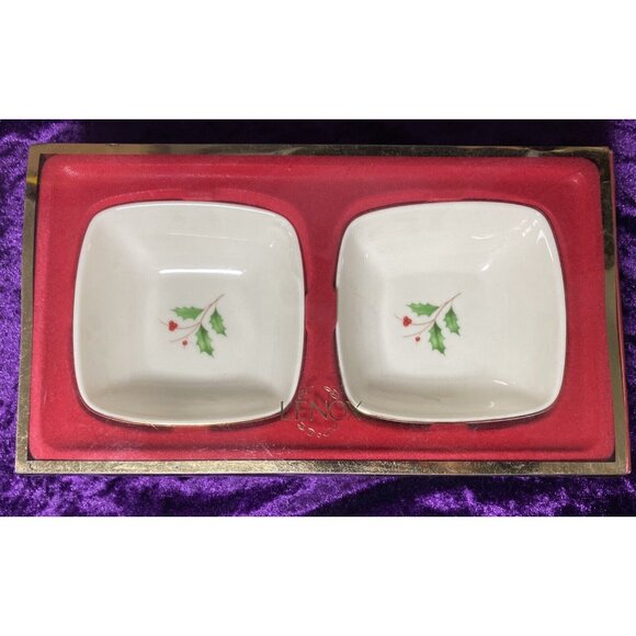 Lenox Holiday Christmas Dipping Bowl Set Of 2  Square Holly and Berry Design - Picture 1 of 8